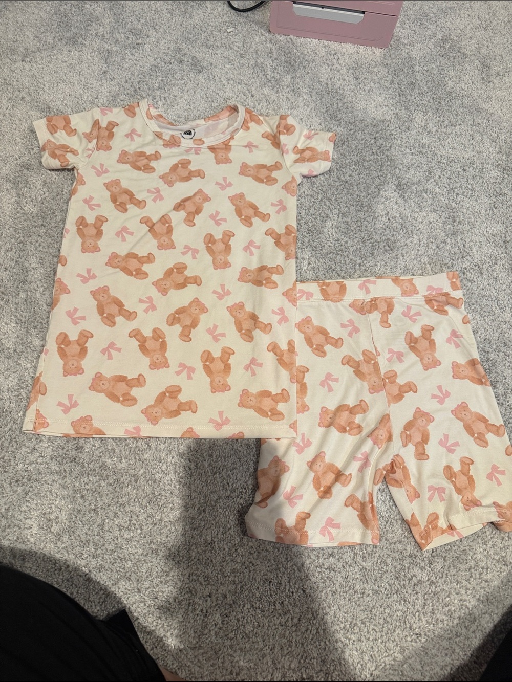 Cream Short Sleeve Pajama Set with Pink Bows and Tan Teddy Bears